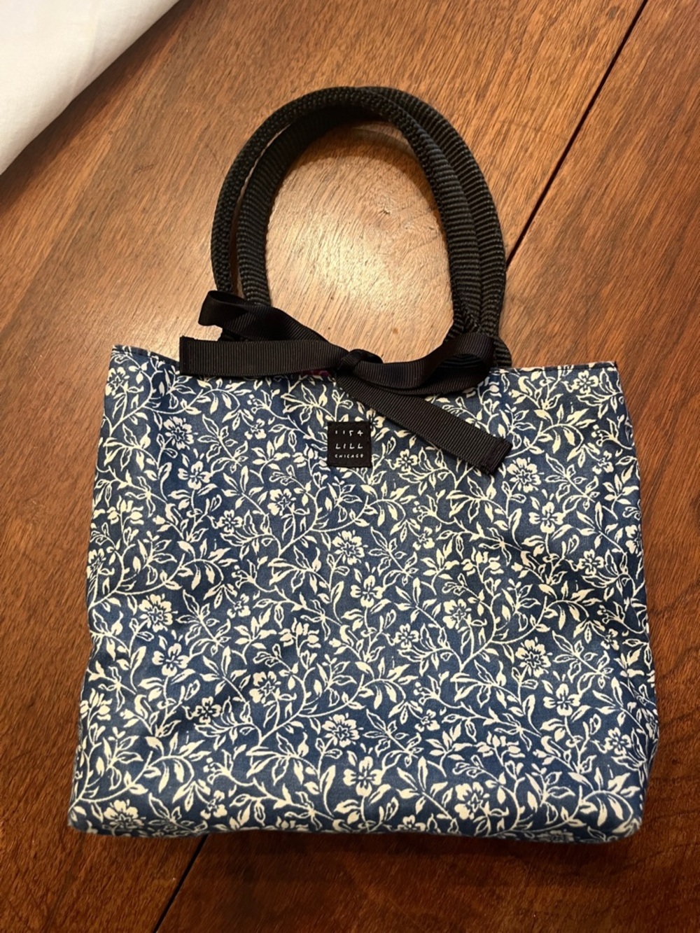 Blue Floral Tote with Black Ribbon and Handles
